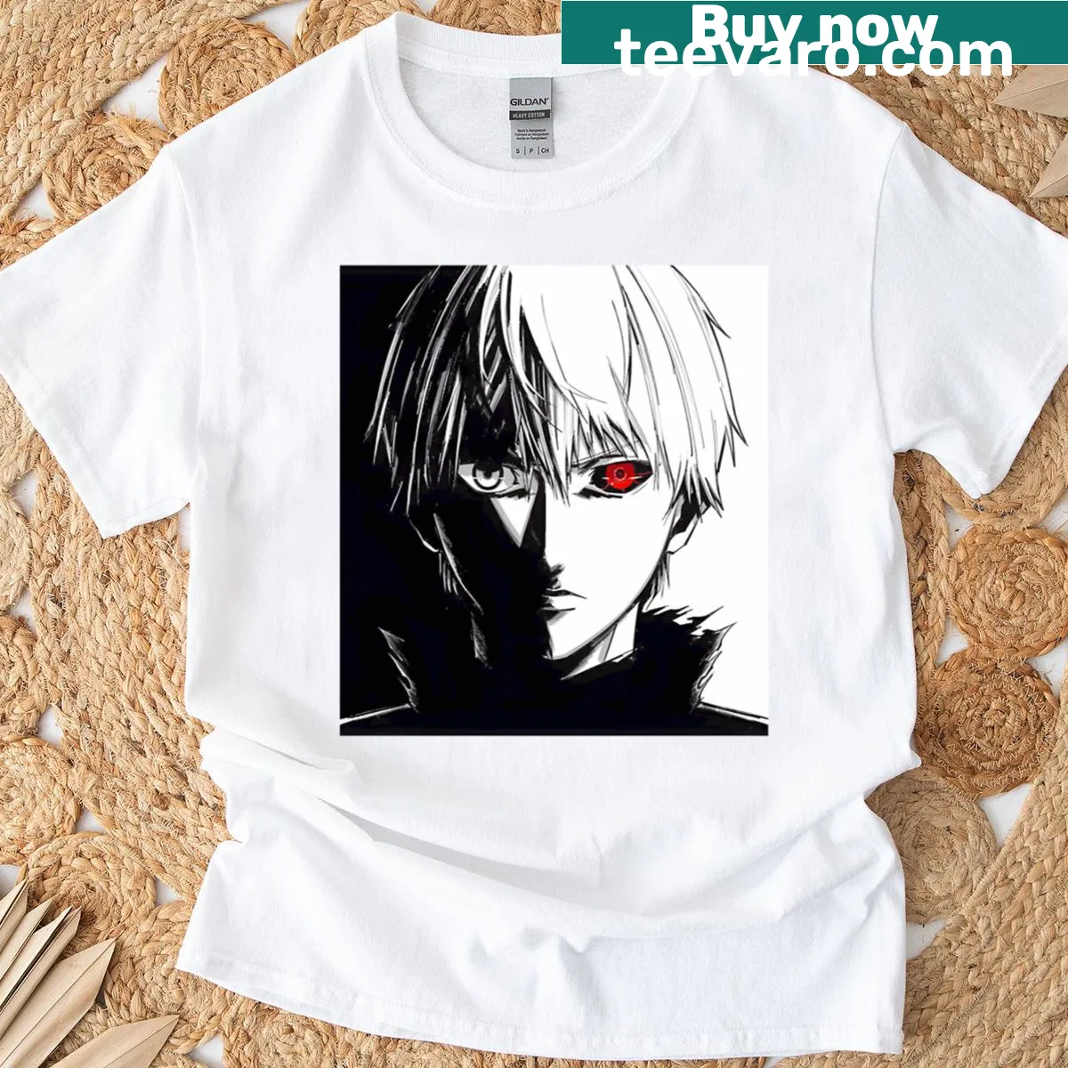 Striking anime duality portrait featuring a crimson eye — on a men's t-shirt