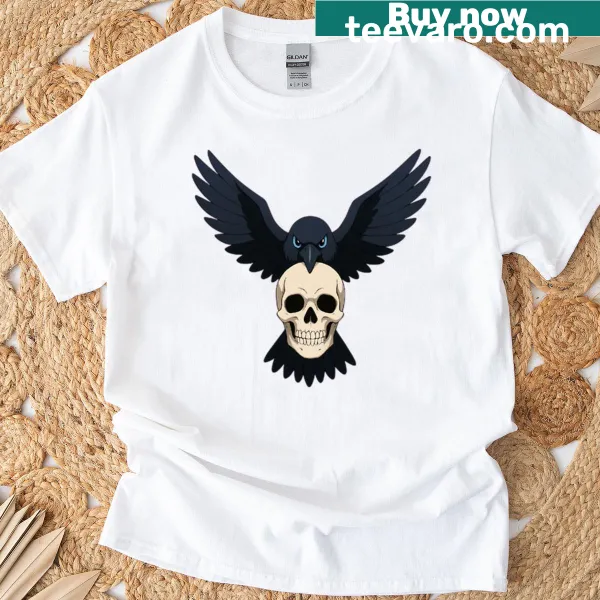 Illustration of a crow carrying a skull on a T-shirt