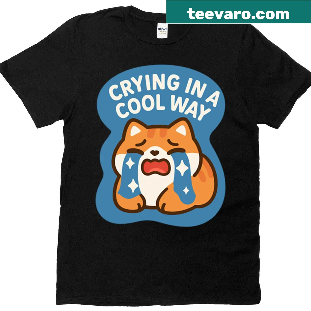 Cartoon cat with a tear and text 'Crying In A Cool Way' — on a men's t-shirt