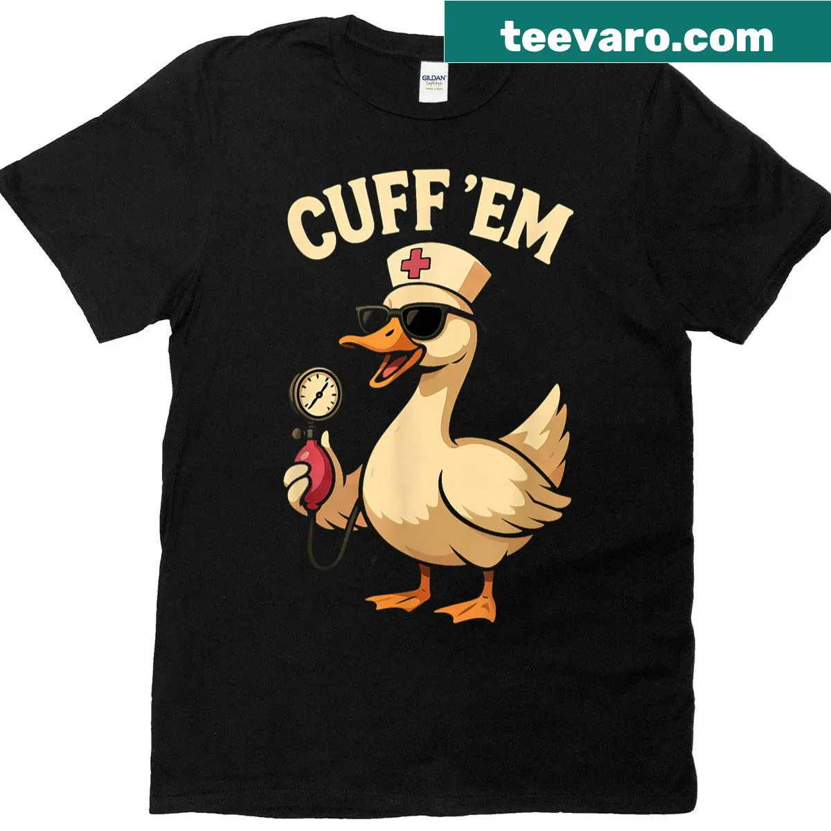 Funny nurse-themed t-shirt with cartoon geese design — on a men's t-shirt