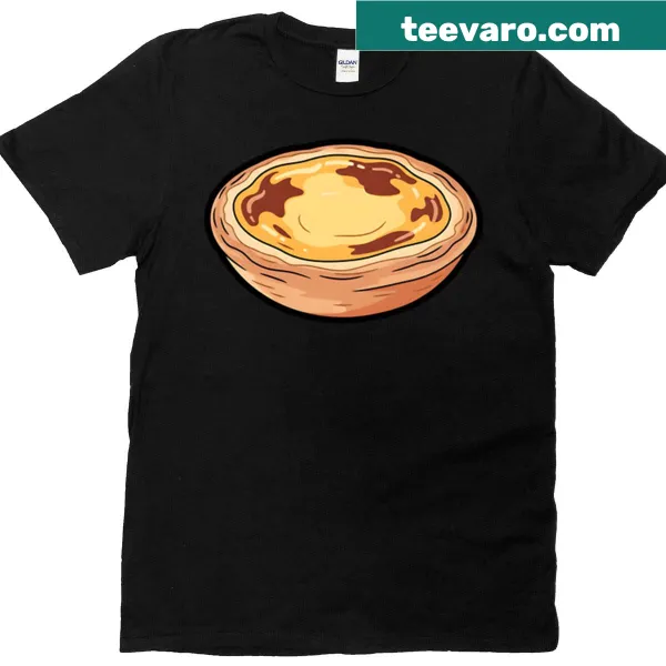 Illustration of a custard tart on a stylish T-shirt.