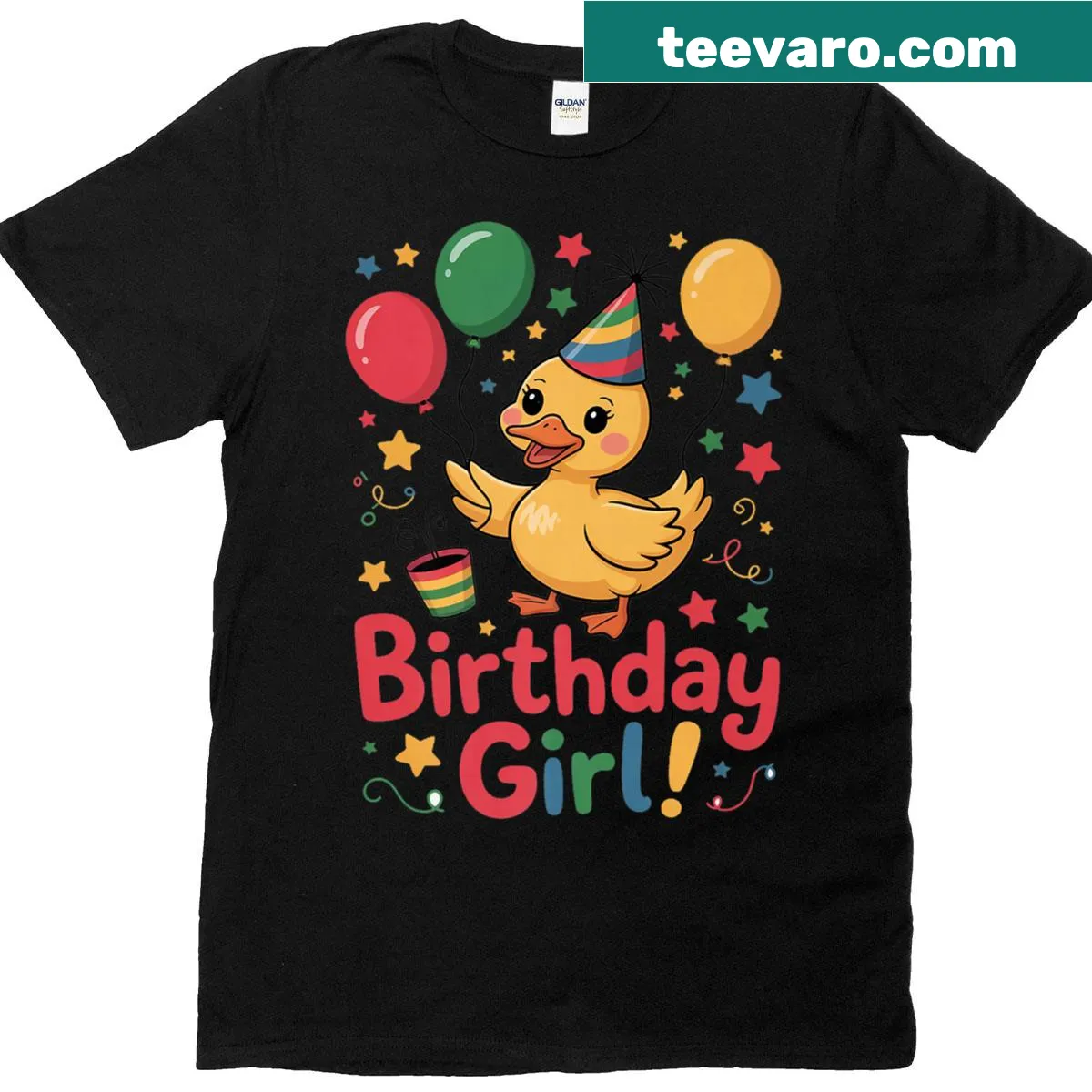 Illustration of a birthday girl duck with balloons on a t-shirt — on a men's t-shirt