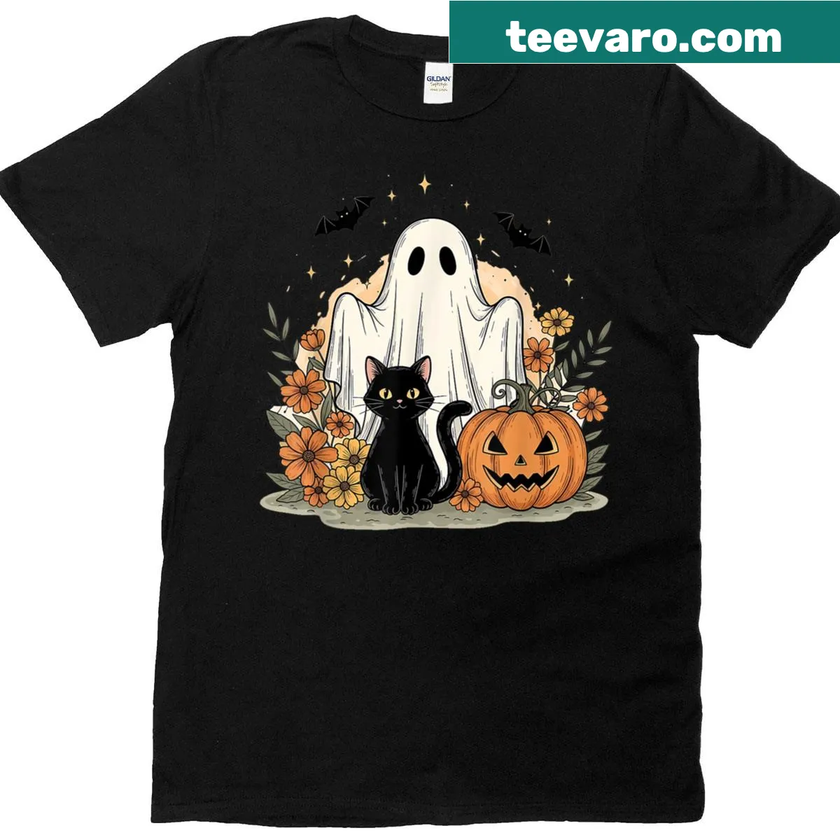 Black cat ghost costume with pumpkin graphic for Halloween — on a men's t-shirt