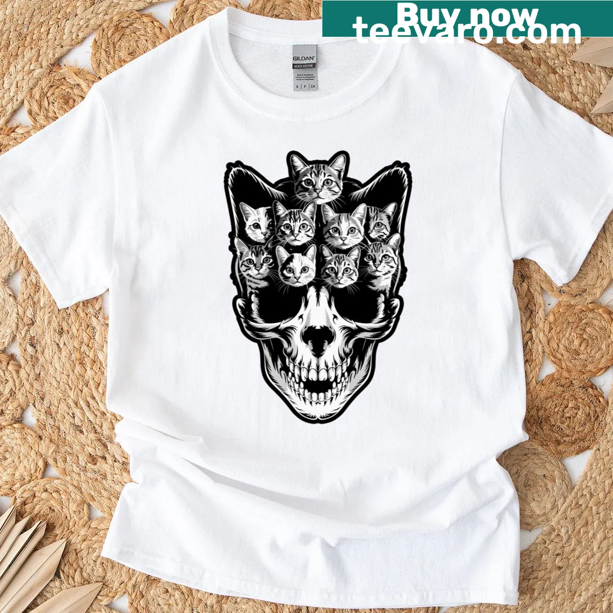 Cute black cat skull graphic designed for kids' Halloween fun. — on a men's t-shirt
