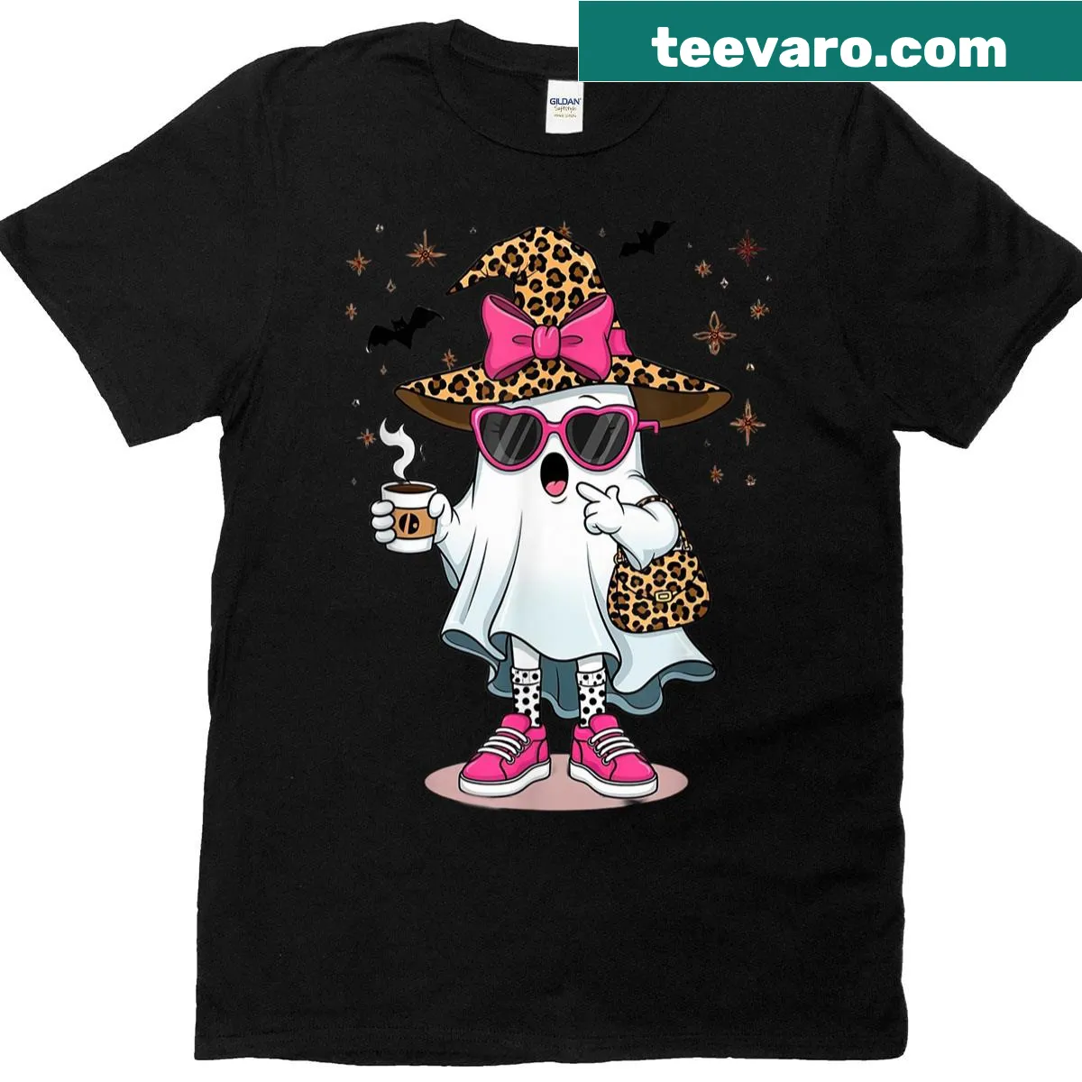 Cute leopard ghost graphic on Halloween t-shirt for women — on a men's t-shirt