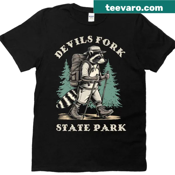 Illustration of a raccoon on a hiking shirt for Devils Fork State Park