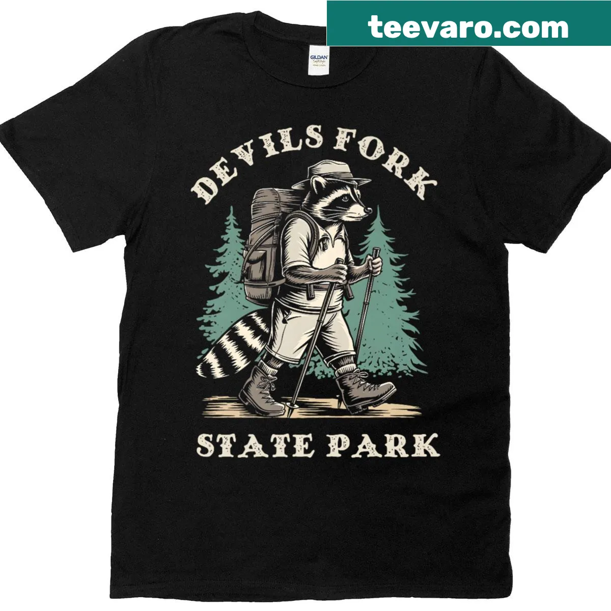 Illustration of a raccoon on a hiking shirt for Devils Fork State Park — on a men's t-shirt