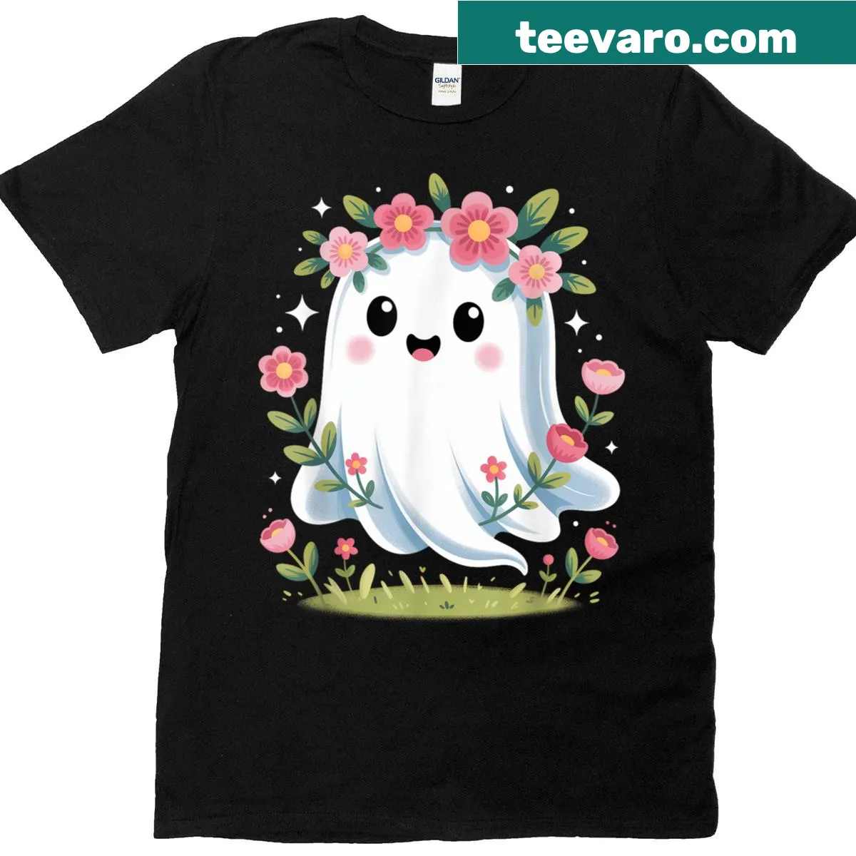 Cute ghost surrounded by flowers on a Halloween T-shirt — on a men's t-shirt