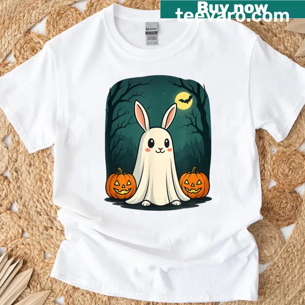 Adorable ghost bunny graphic on a T-shirt for Halloween