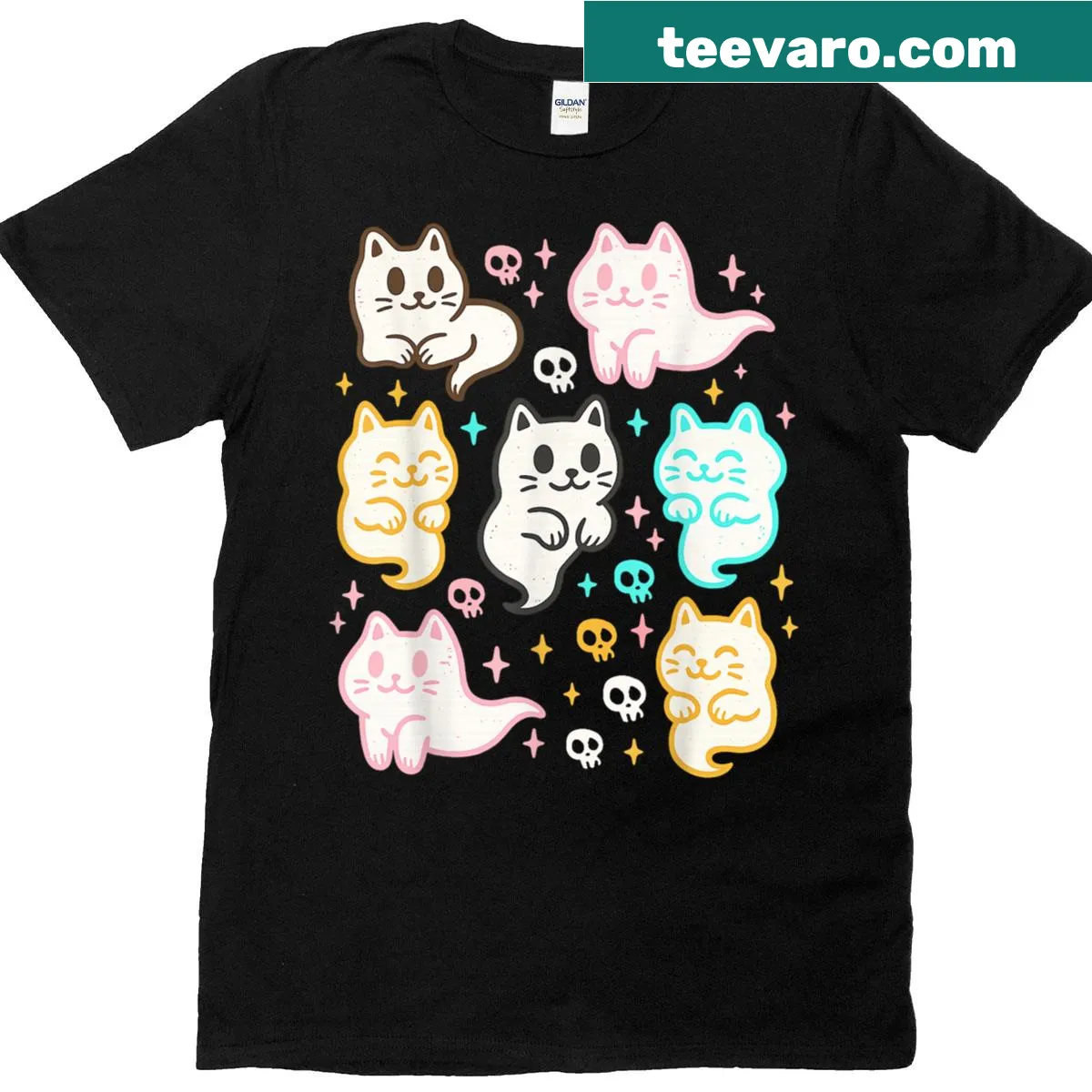Ghost cat illustration T-shirt for spooky season — on a men's t-shirt