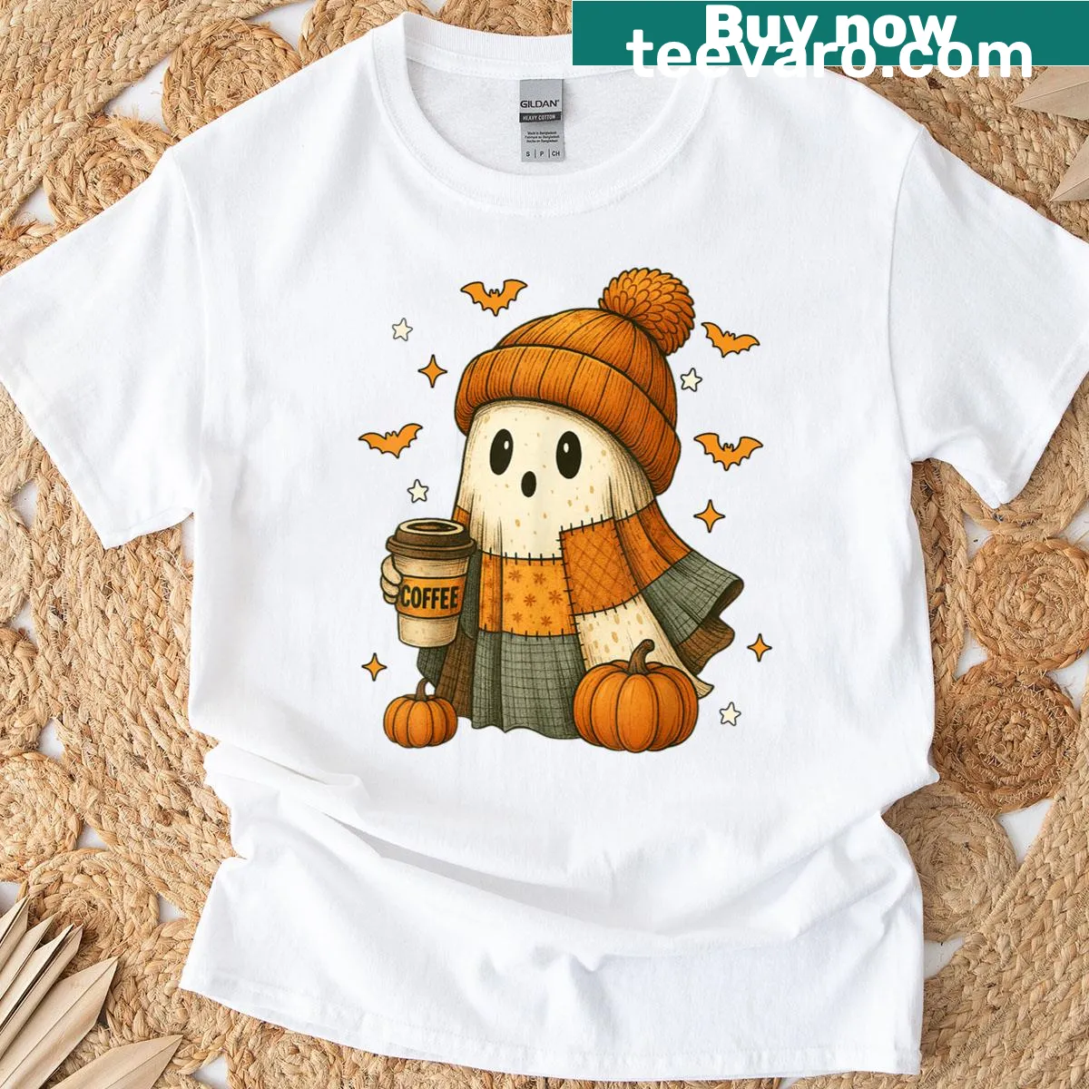 Cute ghost design drinking coffee with patchwork elements — on a men's t-shirt