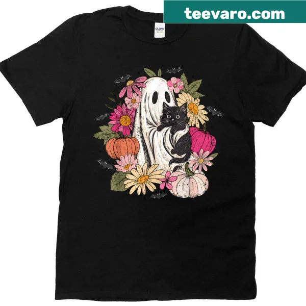Adorable Halloween T-shirt with a ghost, black cat, and pumpkins illustration