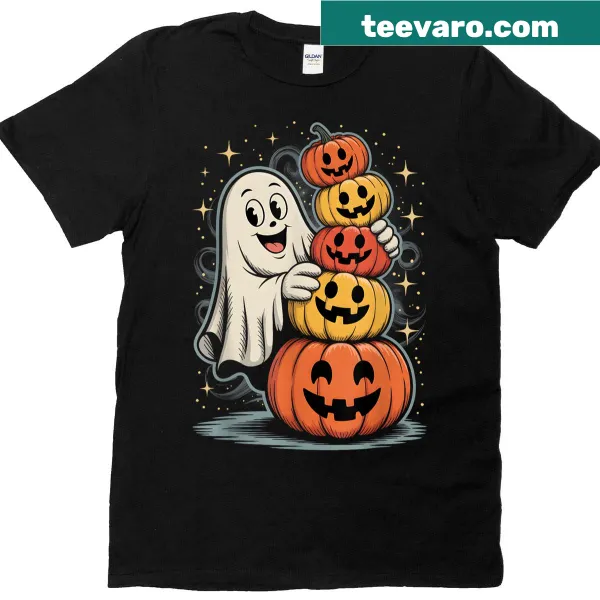 Cute ghost hugging a stack of pumpkins in Halloween theme
