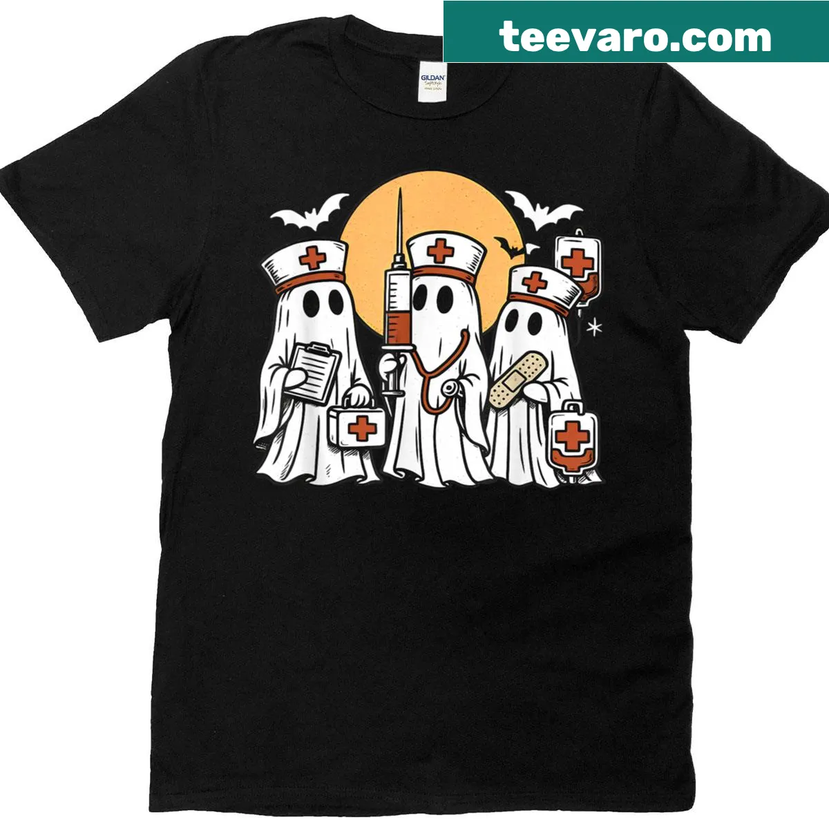 Cute ghost nurse t-shirt with a graphic ghost in scrubs and Boo Crew text — on a men's t-shirt