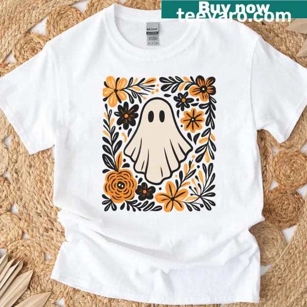 Ghost and wildflowers design on a Halloween t-shirt