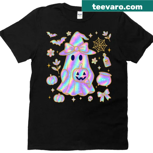 Whimsical Halloween graphic with ghost, witch, pumpkin, and cauldron on a T-shirt