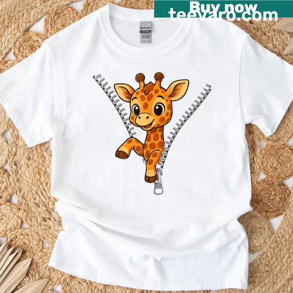 Giraffe illustration popping out from a zipper on a t-shirt