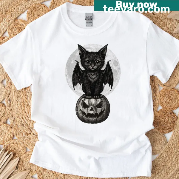 Black cat with bat wings on pumpkin Halloween t-shirt