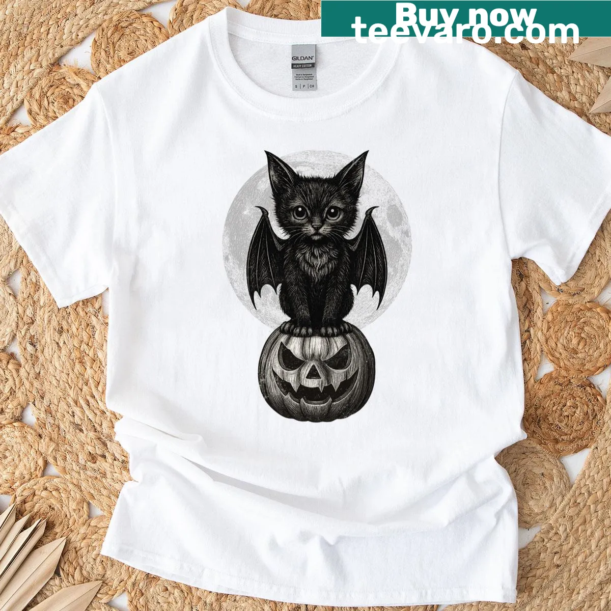 Black cat with bat wings on pumpkin Halloween t-shirt — on a men's t-shirt