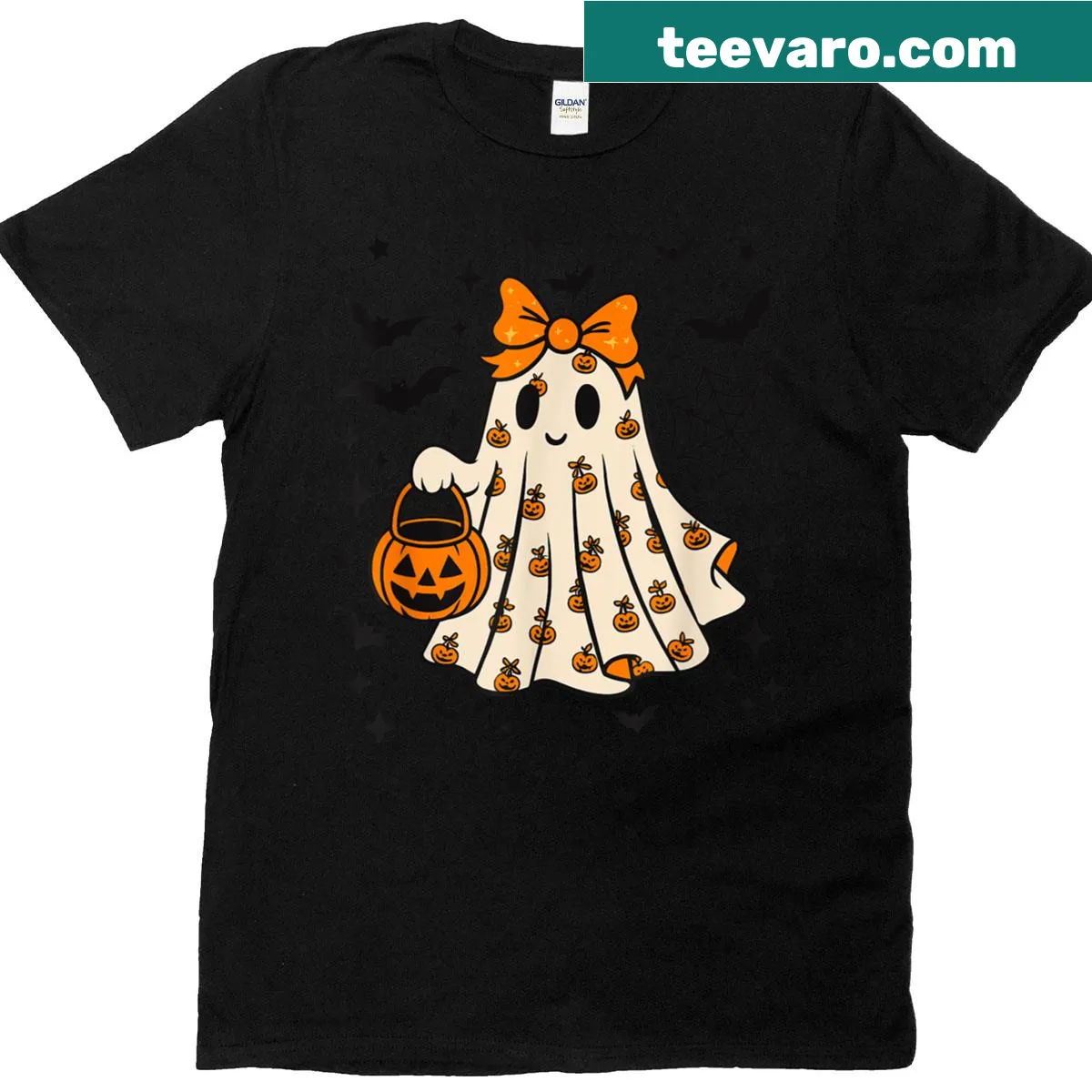 Cute Halloween ghost with a pumpkin t-shirt — on a men's t-shirt