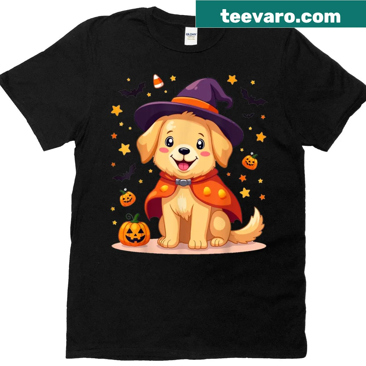 Cute Halloween T-shirt featuring a witch dog with pumpkins and bats — on a men's t-shirt