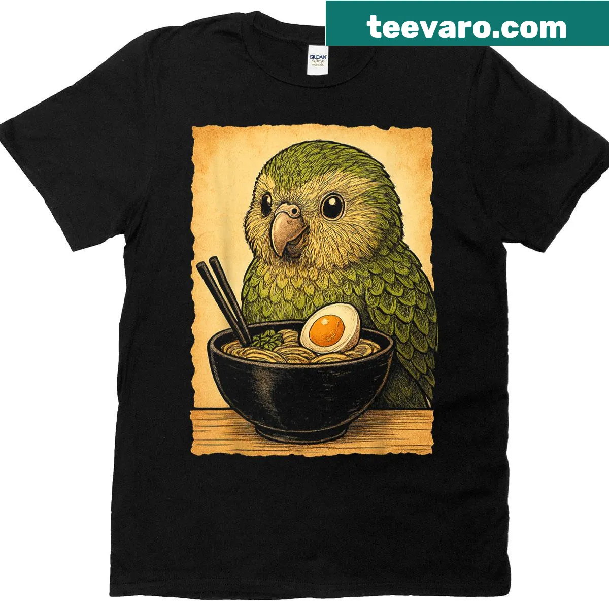 Kawaii style t-shirt featuring a cute kakapo eating ramen. — on a men's t-shirt