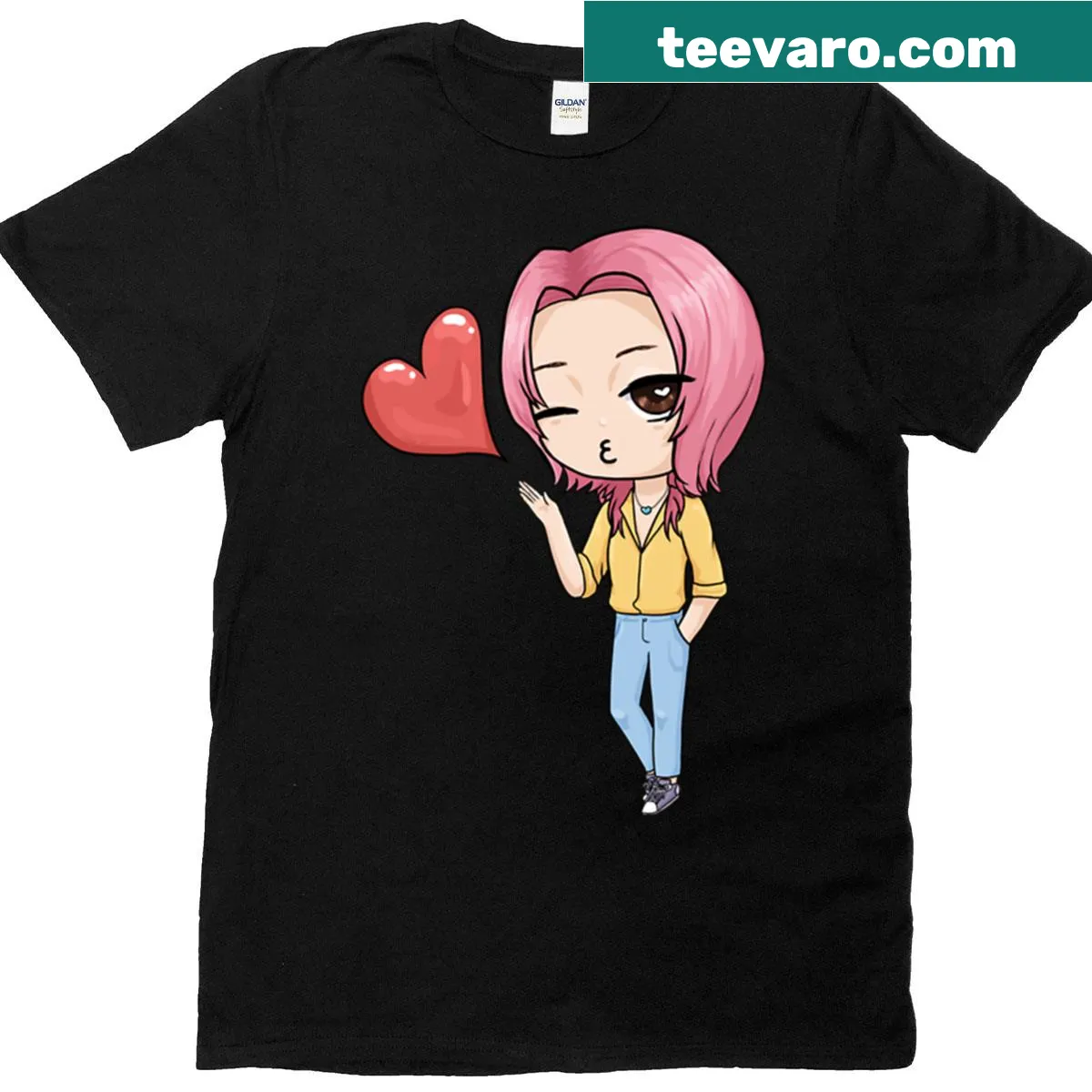 Chibi-style Kpop idol graphic t-shirt with black outline — on a men's t-shirt