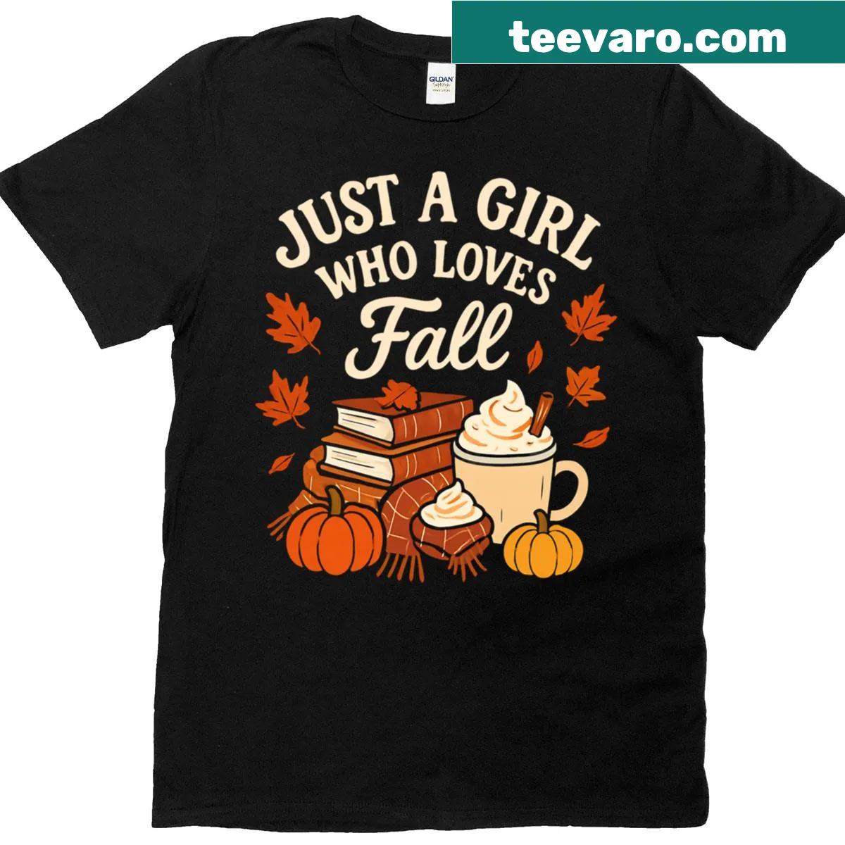 Cute fall-themed t-shirt with pumpkin and autumn leaves design — on a men's t-shirt