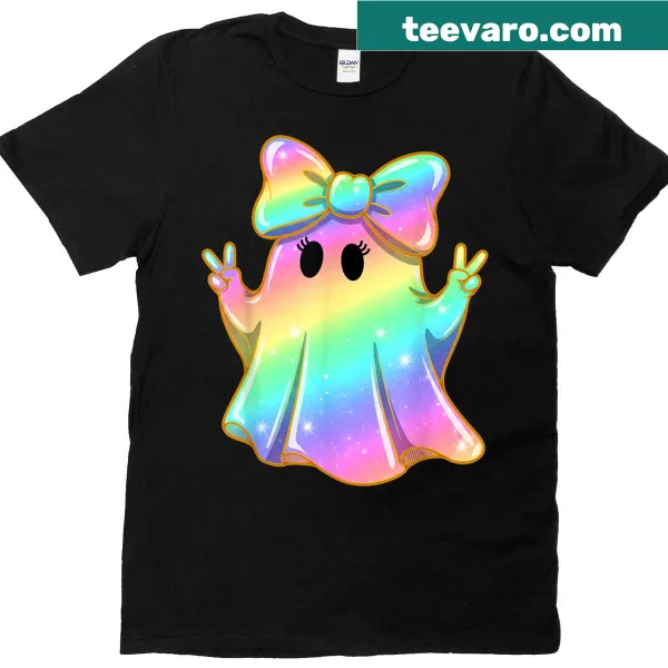 Cute rainbow ghost making a peace sign for Halloween kids t-shirt