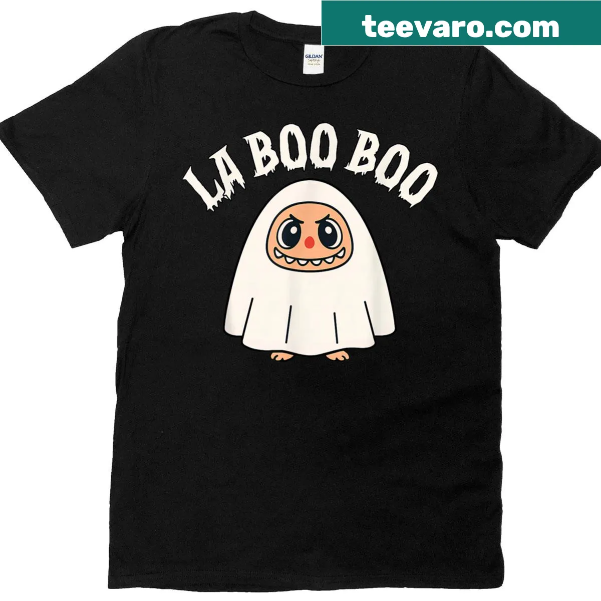 Adorable Halloween shirt featuring a cartoon ghost design. — on a men's t-shirt