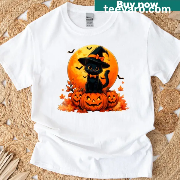 Cute witch with black cat and pumpkin in a cartoon style