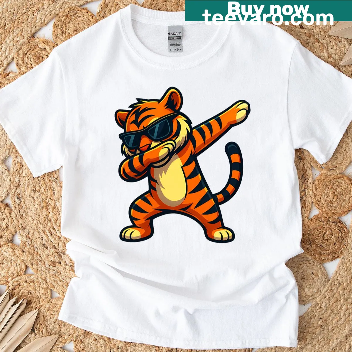 Playful dabbing tiger wearing sunglasses on kids' t-shirt — on a men's t-shirt