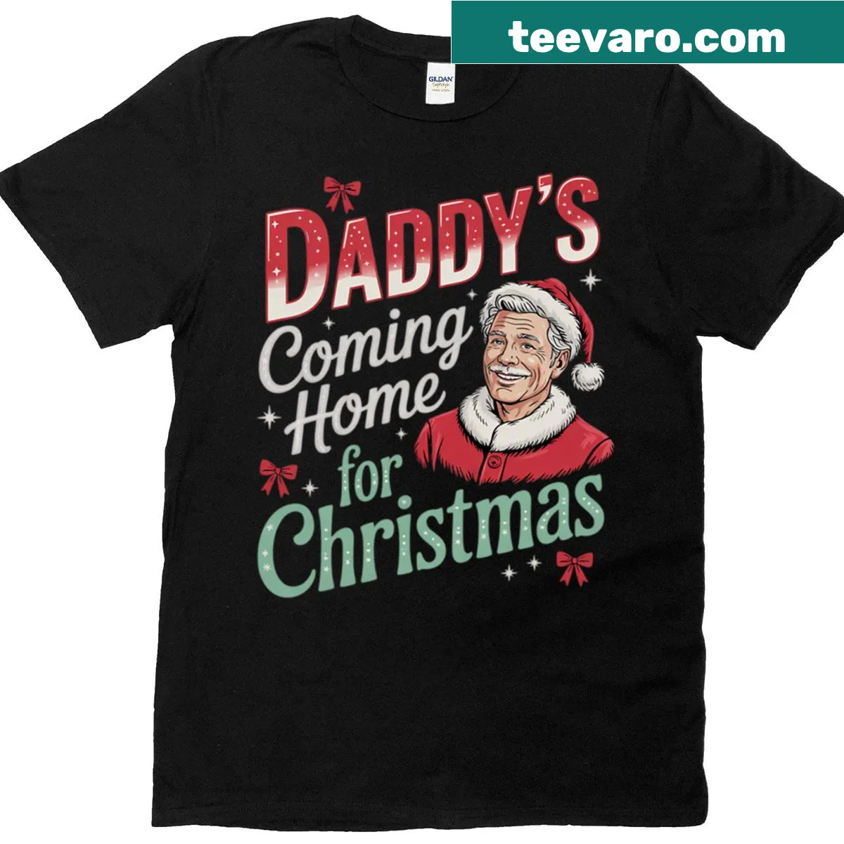 Christmas t-shirt with 'Daddy Coming Home' text in festive typography — on a men's t-shirt