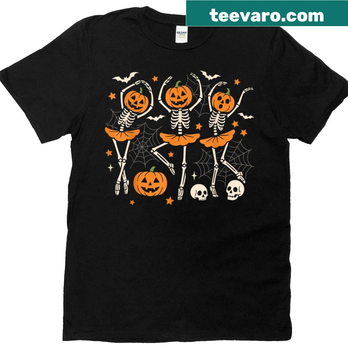 Dancing skeleton with pumpkins for Halloween women's t-shirt — on a men's t-shirt