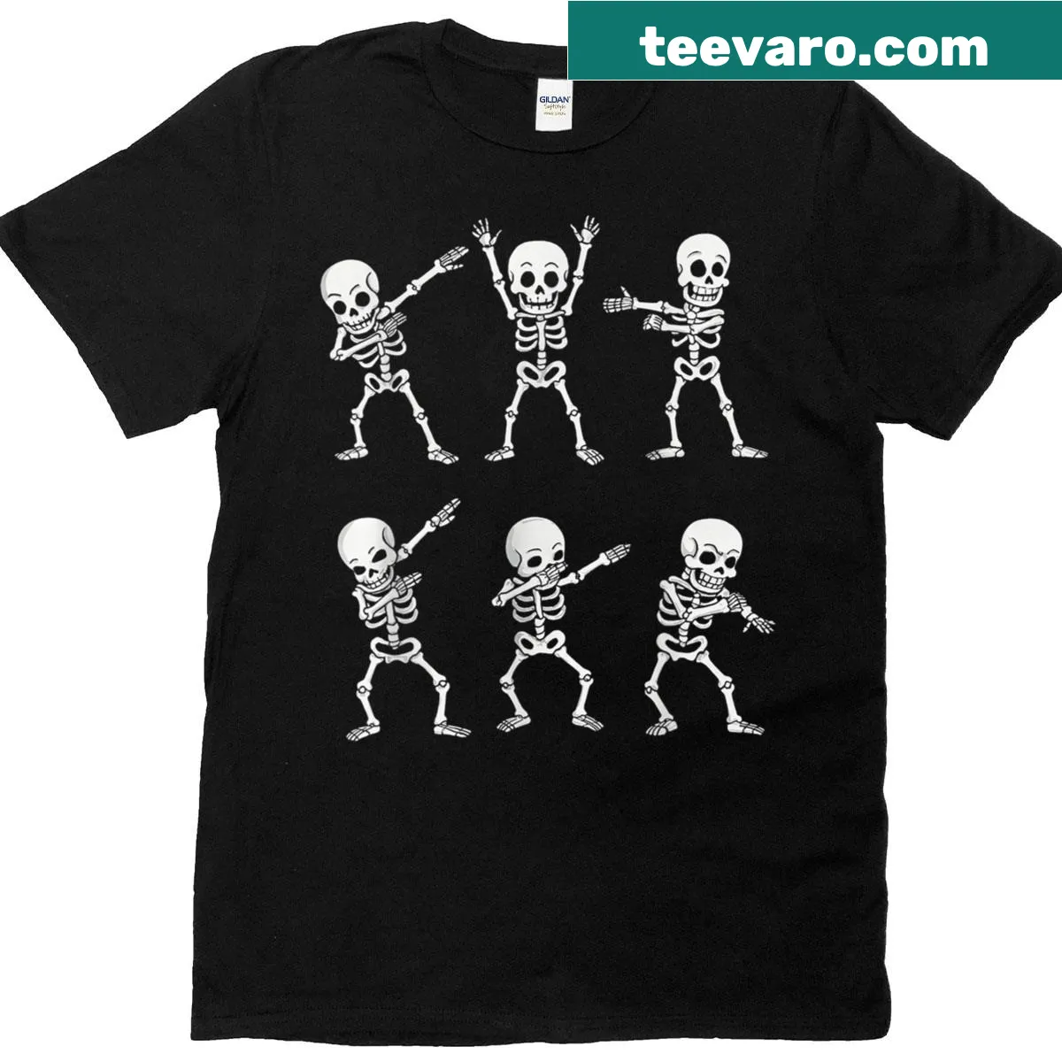 Cartoon shirt featuring dancing skeletons for Halloween — on a men's t-shirt