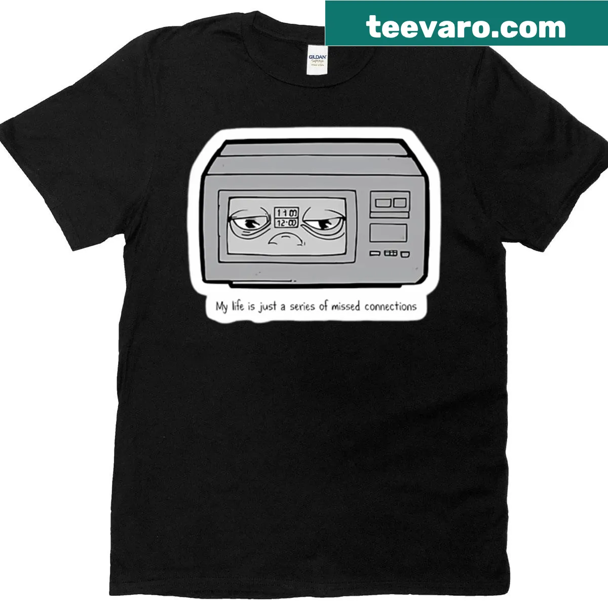 T-shirt featuring a humorous 'depressed microwave' graphic — on a men's t-shirt