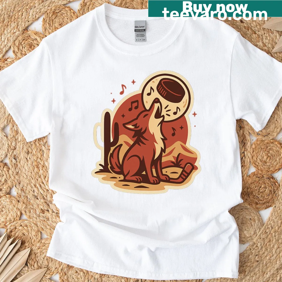 Hockey tee with coyote howling at the moon illustration — on a men's t-shirt