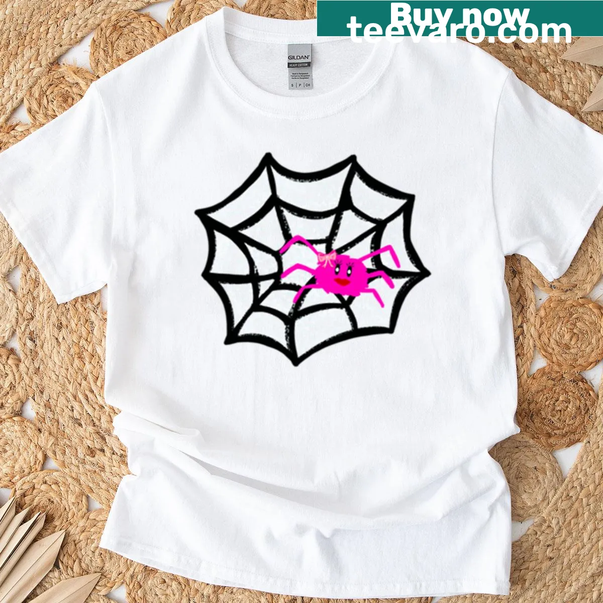 Playful spider in a glitter web graphic on T-shirt — on a men's t-shirt