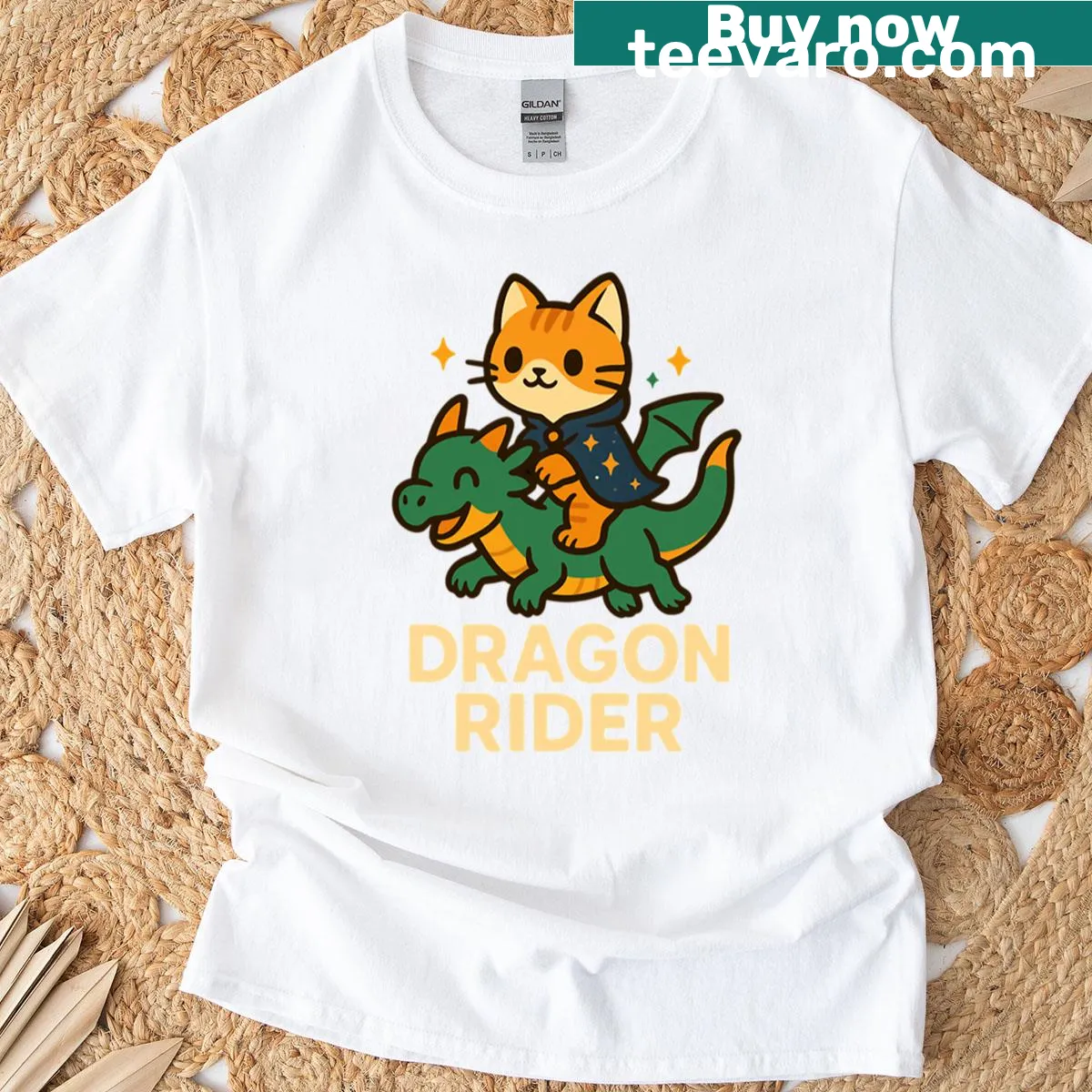 Cat riding a dragon illustrated on T-shirt — on a men's t-shirt