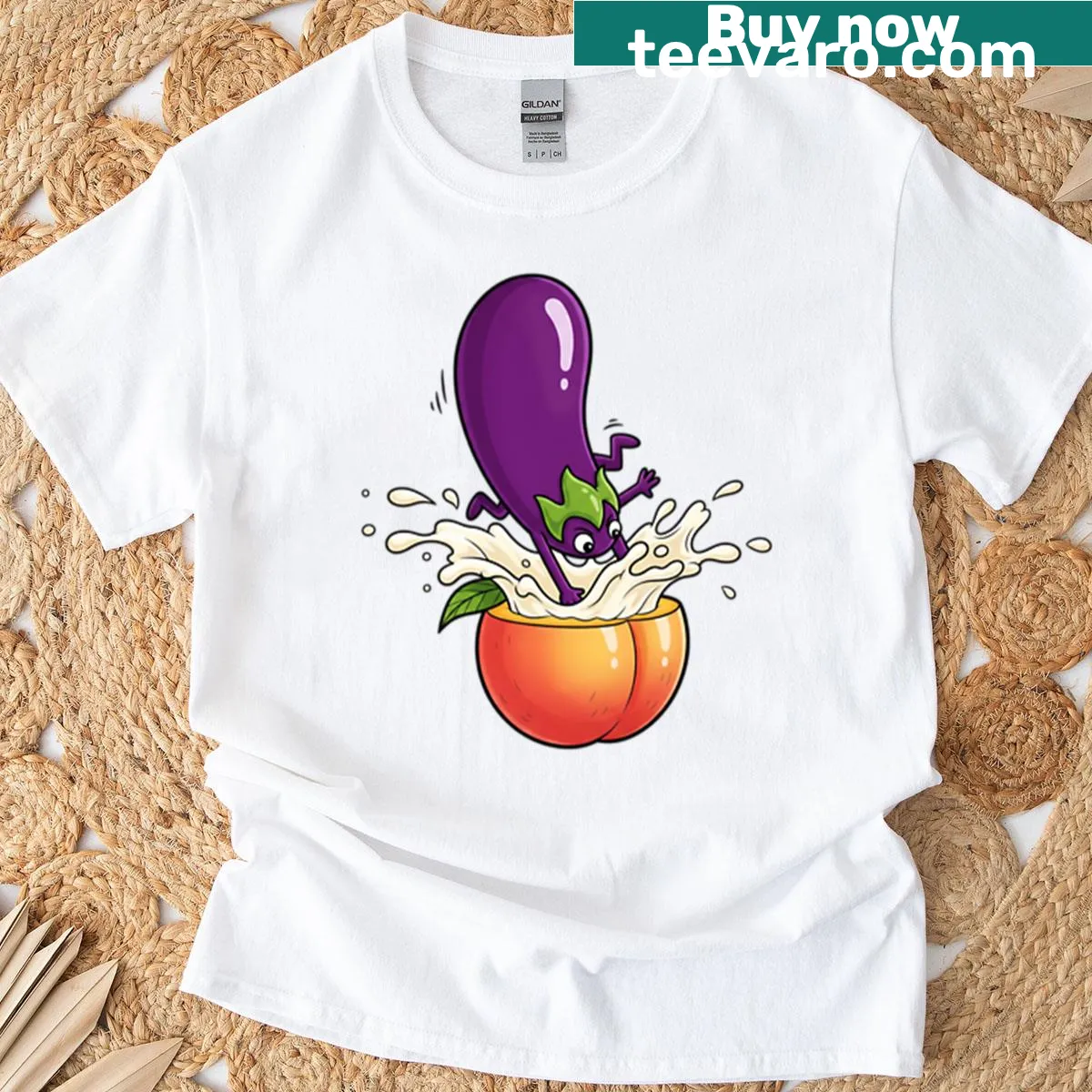 Playful t-shirt featuring a cartoon eggplant jumping into cream. — on a men's t-shirt