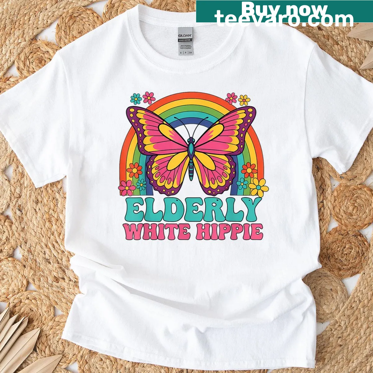 Funny retro hippie t-shirt featuring a butterfly and rainbow design — on a men's t-shirt
