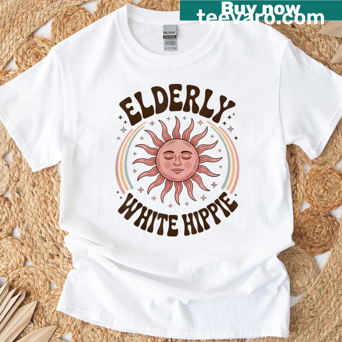 Retro sun and rainbow design on a T-shirt — on a men's t-shirt