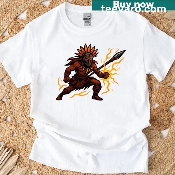 Electric tribal warrior graphic with spear on T-shirt