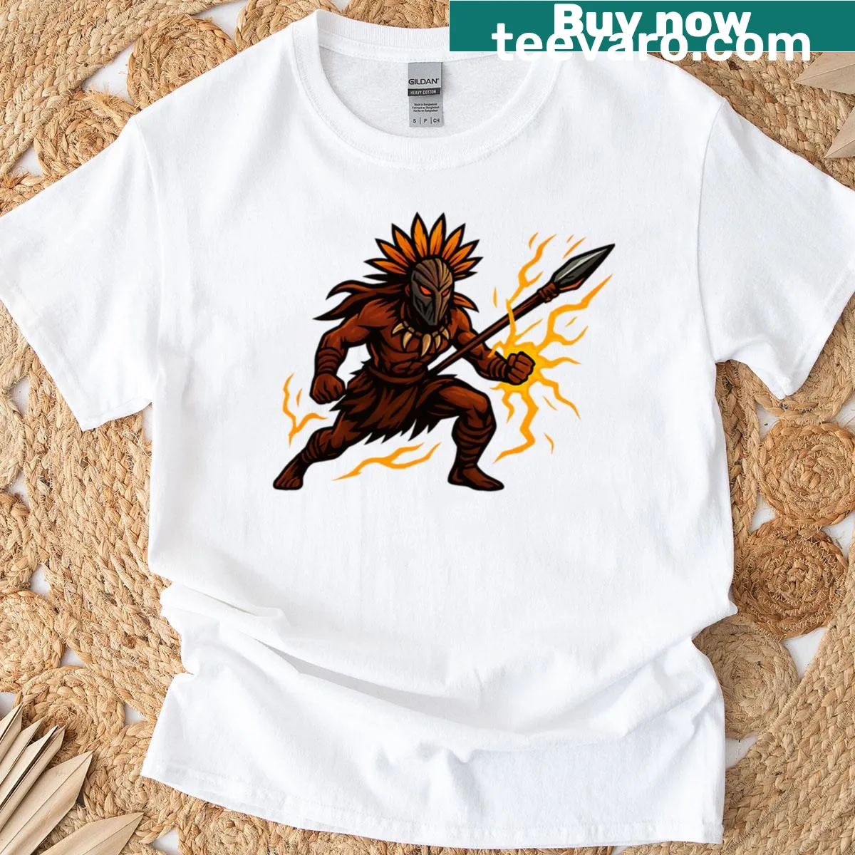 Electric tribal warrior graphic with spear on T-shirt — on a men's t-shirt