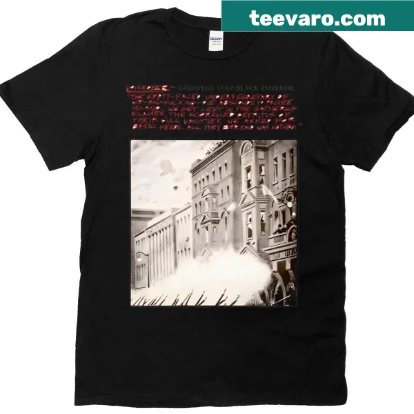Artistic shirt depicting empty faces and a burning city