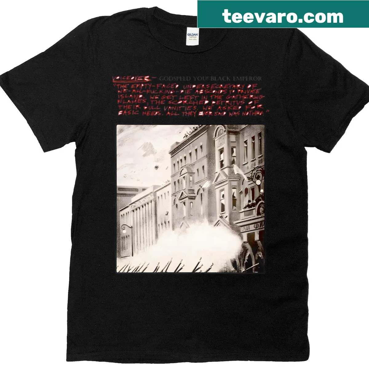 Artistic shirt depicting empty faces and a burning city — on a men's t-shirt