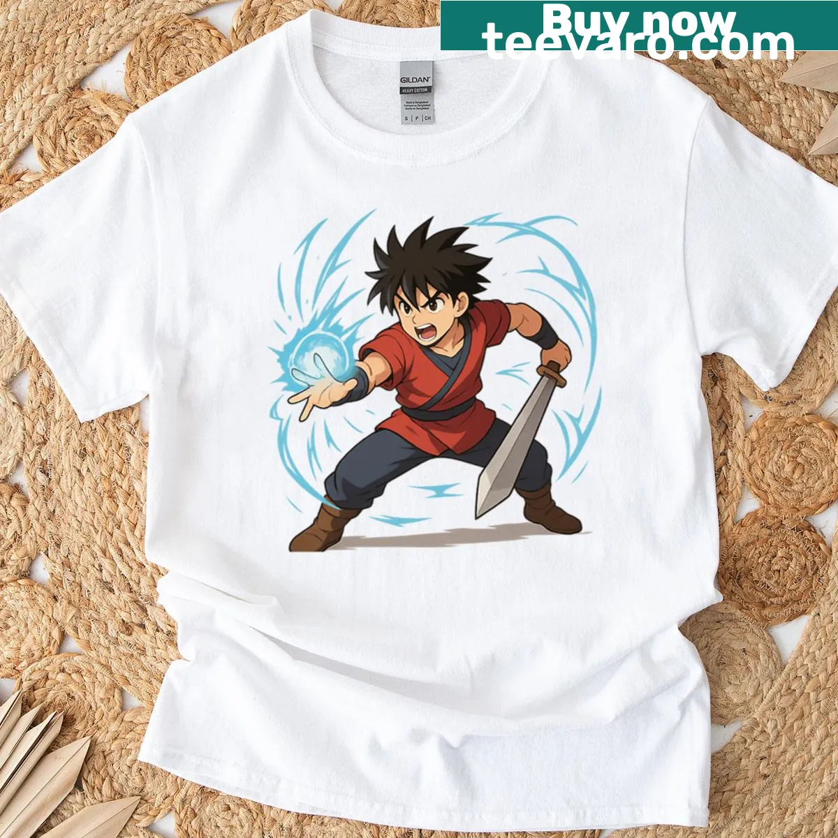 Anime warrior illustration on a dynamic action t-shirt — on a men's t-shirt