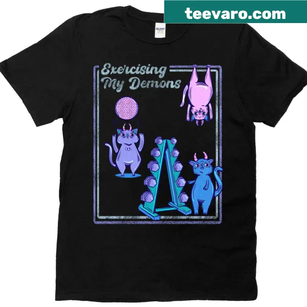 Funny t-shirt with cartoon kitty cat demons and humor