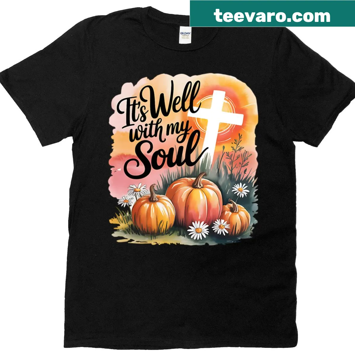 Fall-themed shirt with pumpkins and the phrase 'It Is Well With My Soul' — on a men's t-shirt