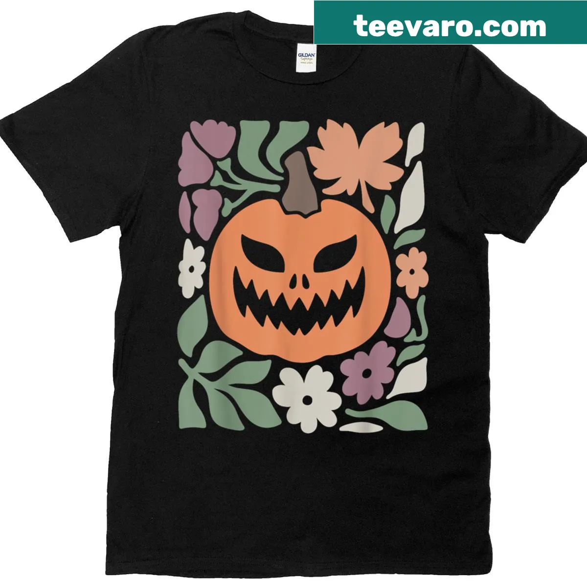 Halloween t-shirt featuring skeleton, pumpkins, and floral design — on a men's t-shirt